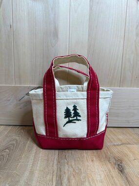 Vintage LL Bean Micro Mini Boat and Tote Bag Canvas Red Cream Evergreen Trees